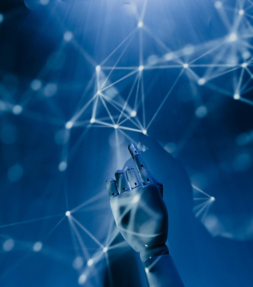 Robotic hand touching interconnected digital nodes representing AI-augmented services and intelligent automation.