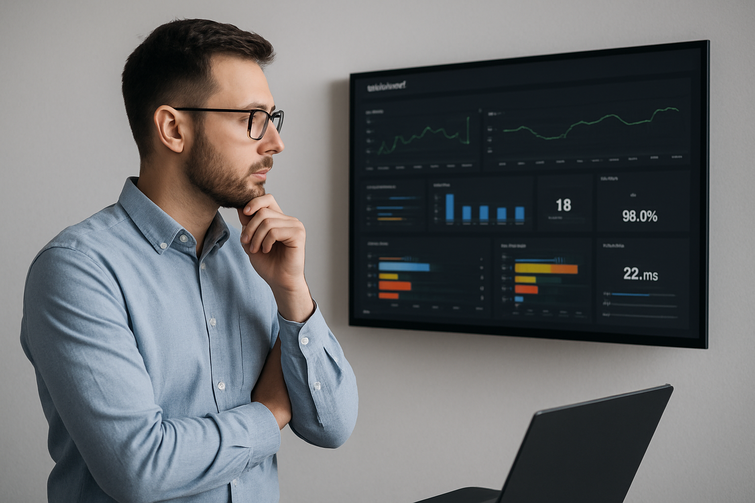 Man analyzing system dashboard with performance metrics and uptime monitoring graphs on a wall-mounted screen