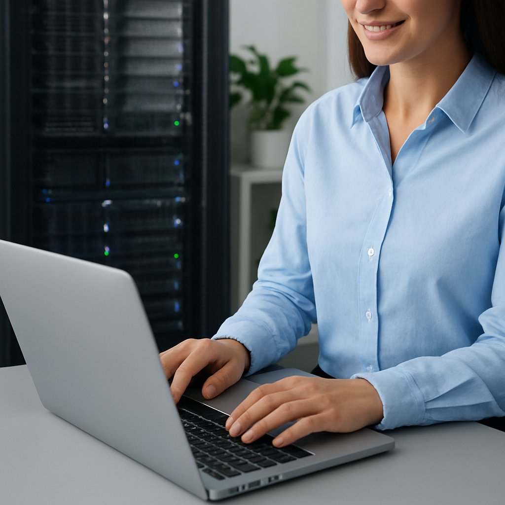 A female IT professional working on a laptop beside a server rack, representing DevOps collaboration, root-cause analysis, and continuous improvement.