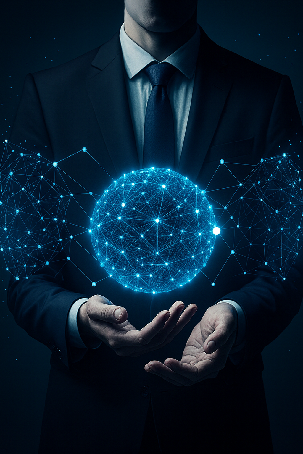 A glowing digital globe made of interconnected blue network nodes, representing Prodaxion’s enterprise technology legacy, global systems expertise, and AI-driven system monitoring.