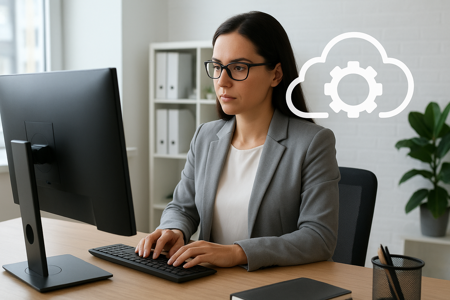 Illustration of a woman using a computer with application support icons, representing why small businesses need application support before scaling.