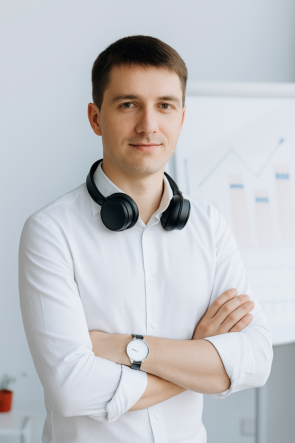 Young IT support engineer wearing a wireless headset around his neck, standing confidently with folded arms in a modern office environment.