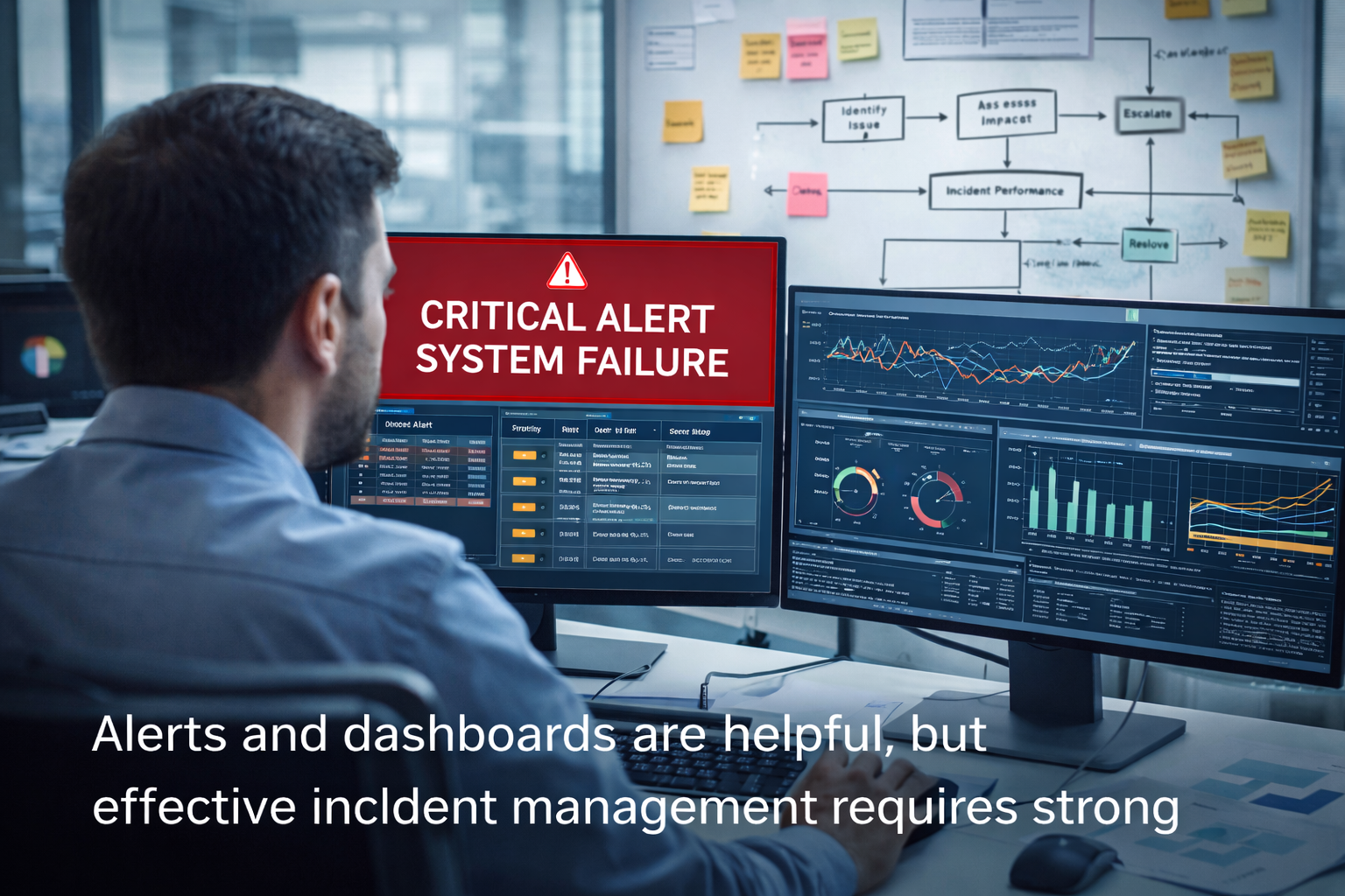IT professional reviewing alerts and dashboards showing that production issues require strong incident management processes, not just monitoring tools