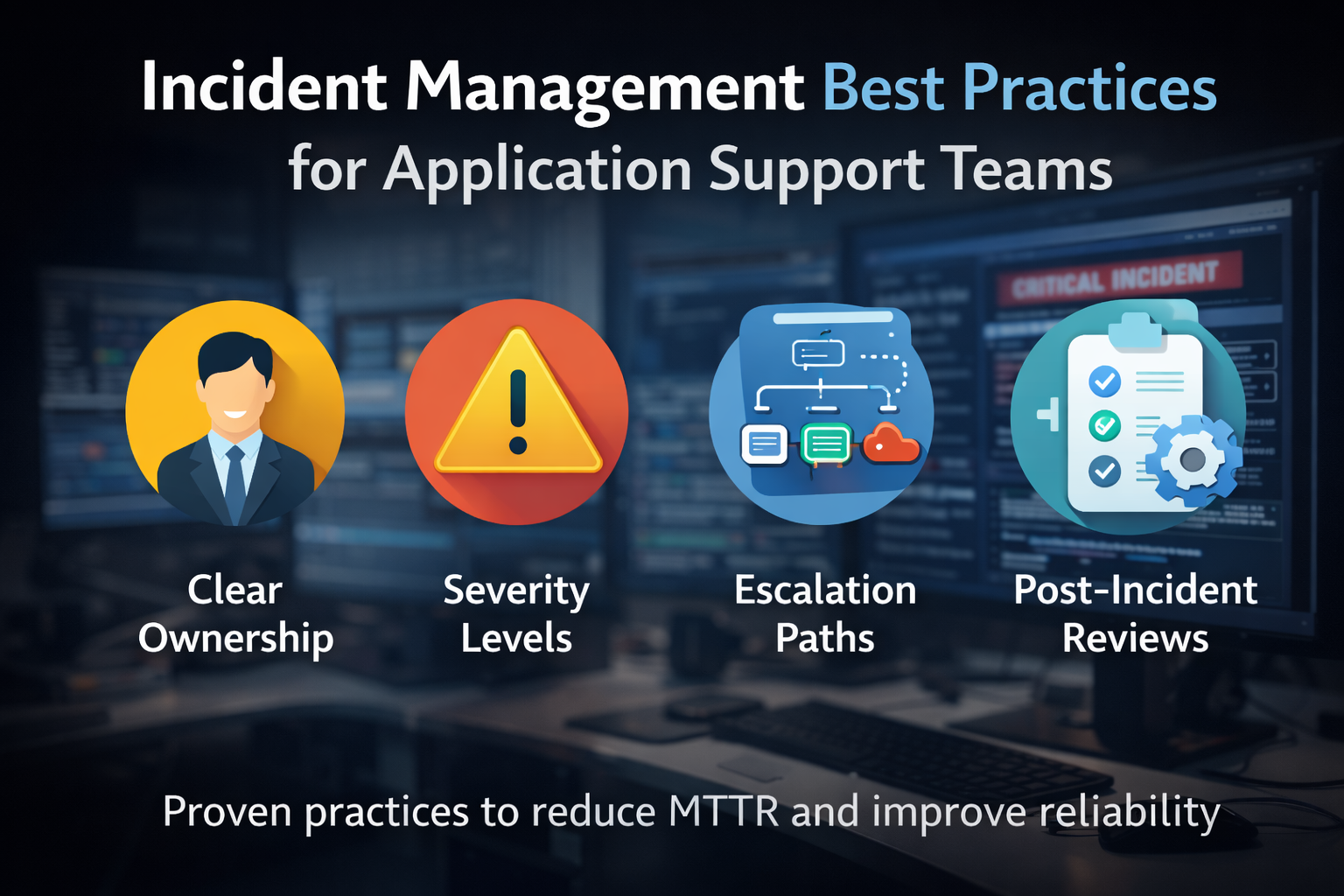 Incident management best practices for application support teams showing clear ownership, severity levels, escalation paths, and post-incident reviews