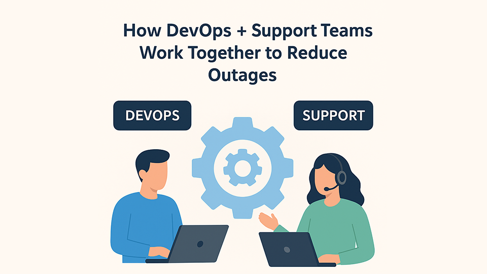Illustration showing a DevOps engineer and IT support team member collaborating with laptops, a central gear icon, and text highlighting shared responsibility, unified monitoring, and proactive incident management.