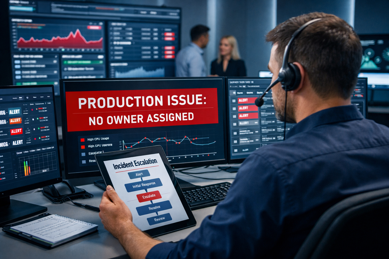 IT operations team responding to a production incident, highlighting how unclear ownership causes delays and escalation in incident management