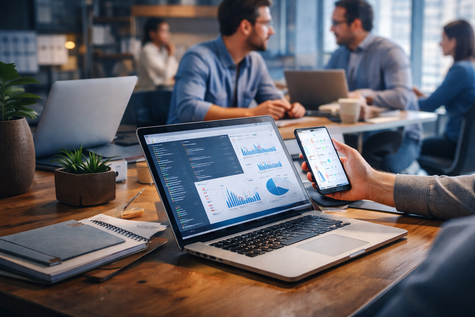 Modern startup team working on laptops and analytics dashboards, representing safe outsourcing of application support and IT operations.