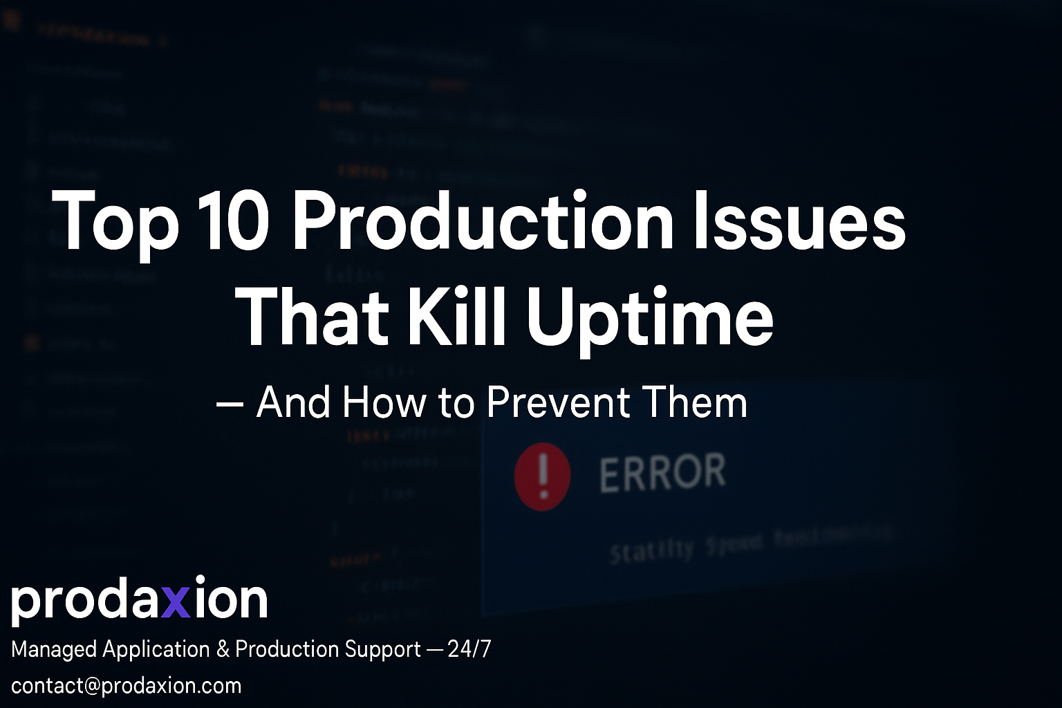 Dark-themed technology banner showing performance graphs and system dashboards with text Top 10 Production Issues That Kill Uptime and Prodaxion application production support branding.