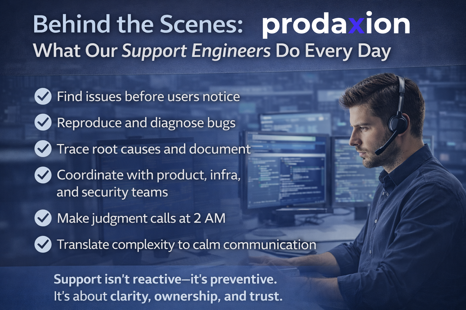 Behind-the-scenes view of an application support engineer monitoring systems and managing incidents in a production support environment