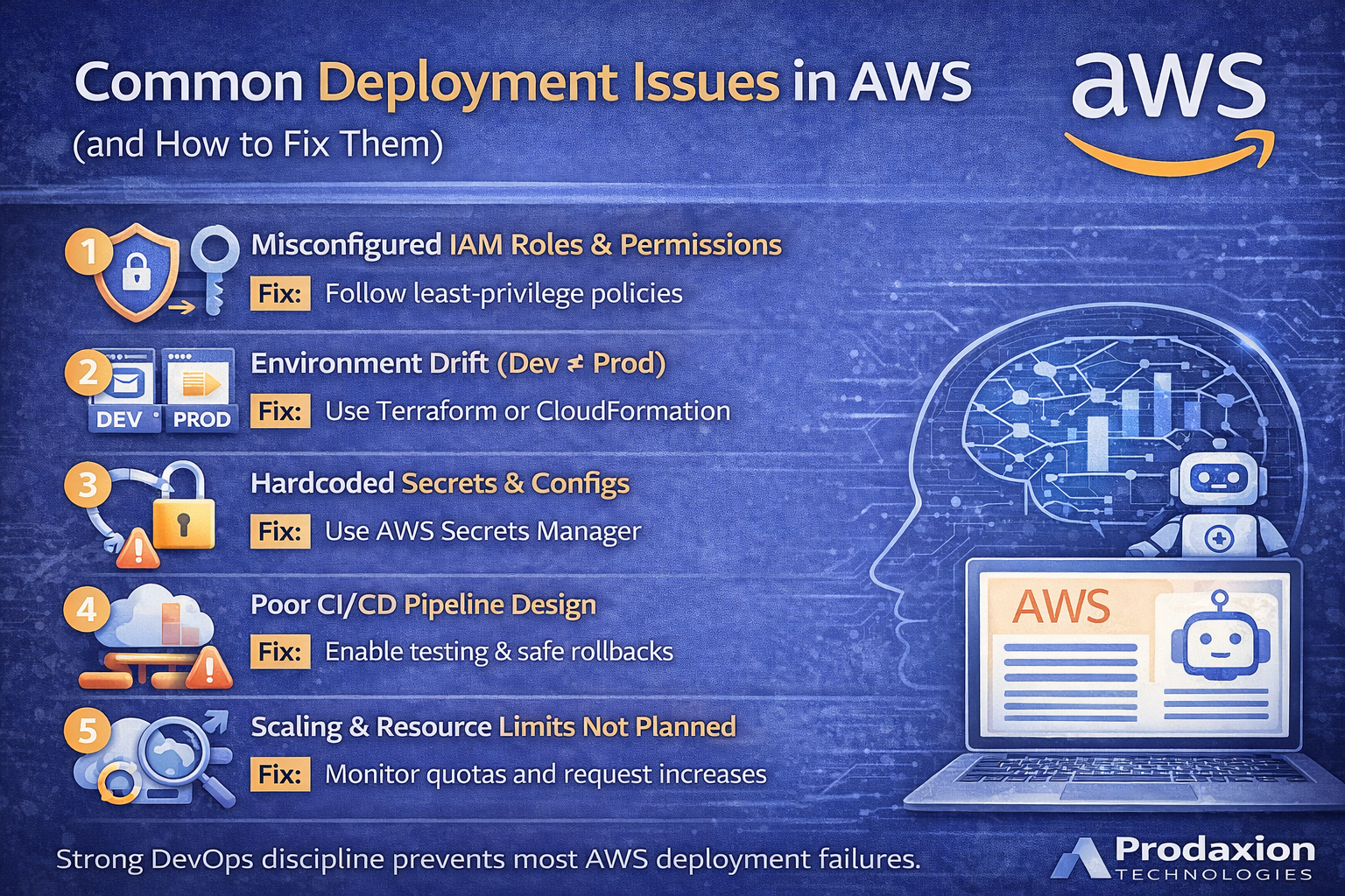Landscape infographic showing common AWS deployment issues and solutions for DevOps teams