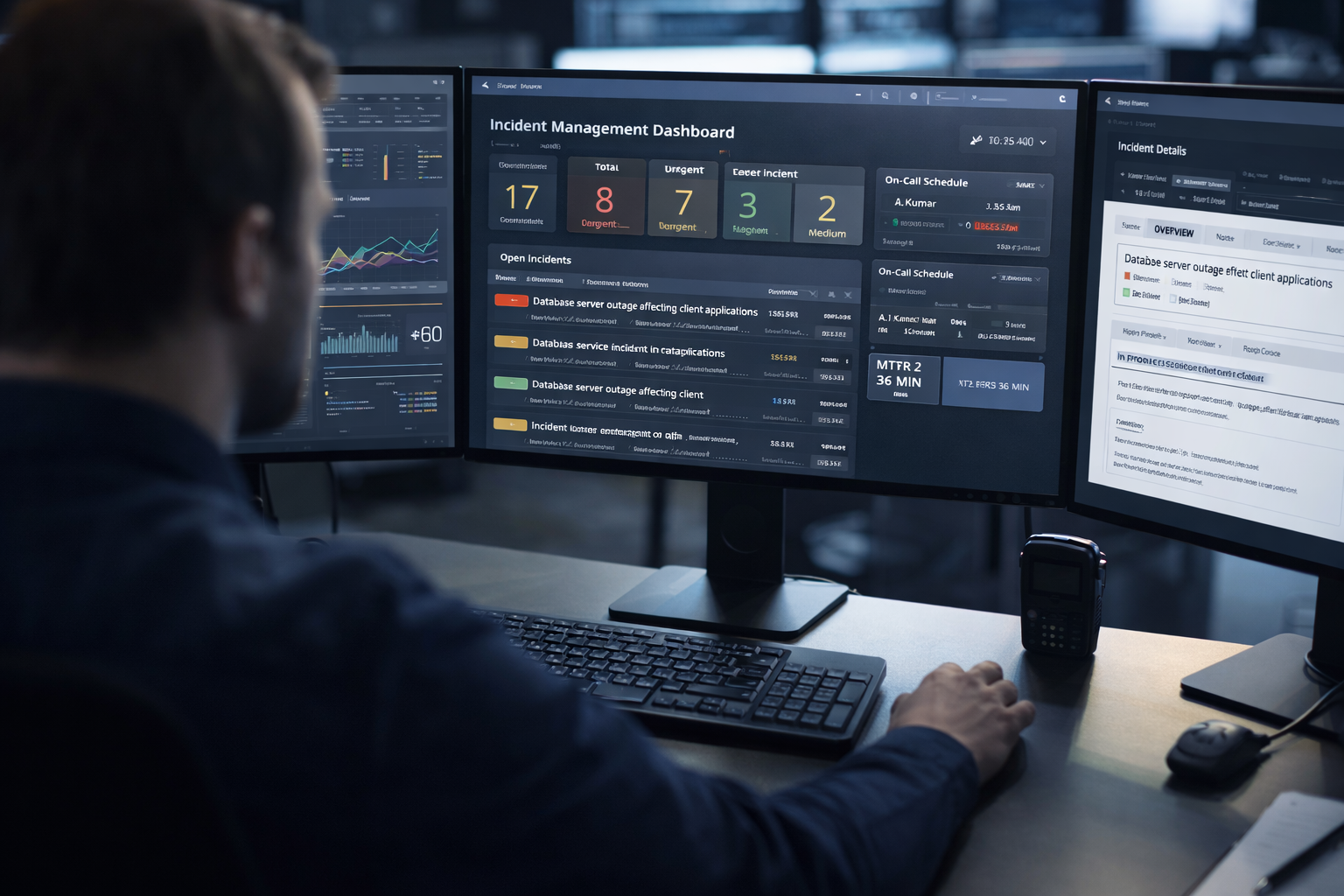 IT professional monitoring incident management dashboards to resolve production issues and reduce MTTR in application support environments