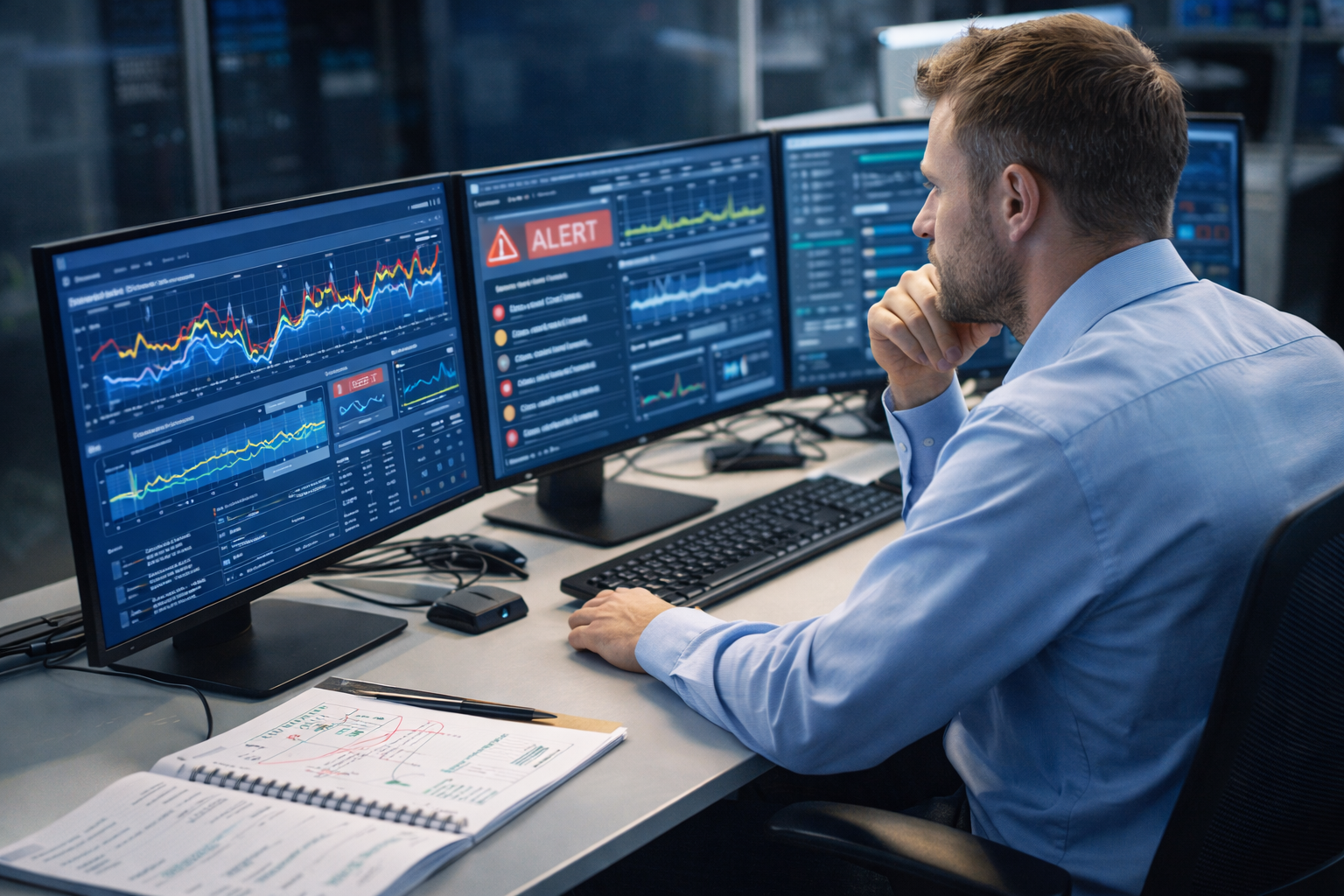 IT professional analyzing dashboards in a modern operations center, highlighting incident management, production support workflows, and application support processes to prevent IT production incidents and reduce MTTR.
