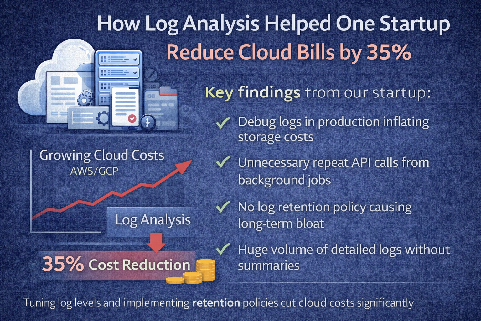 Infographic showing how log analysis reduced cloud costs by 35 percent for a startup