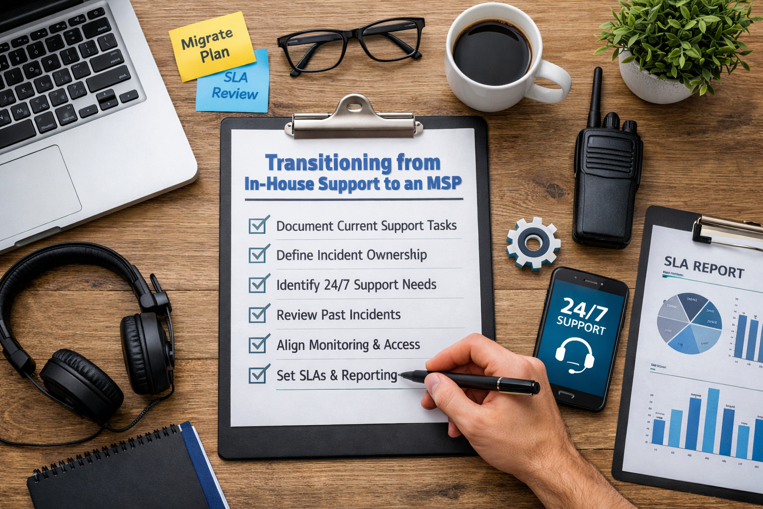 Checklist showing steps for transitioning from in-house IT support to a managed service provider, including incident ownership, SLAs, and 24/7 application support