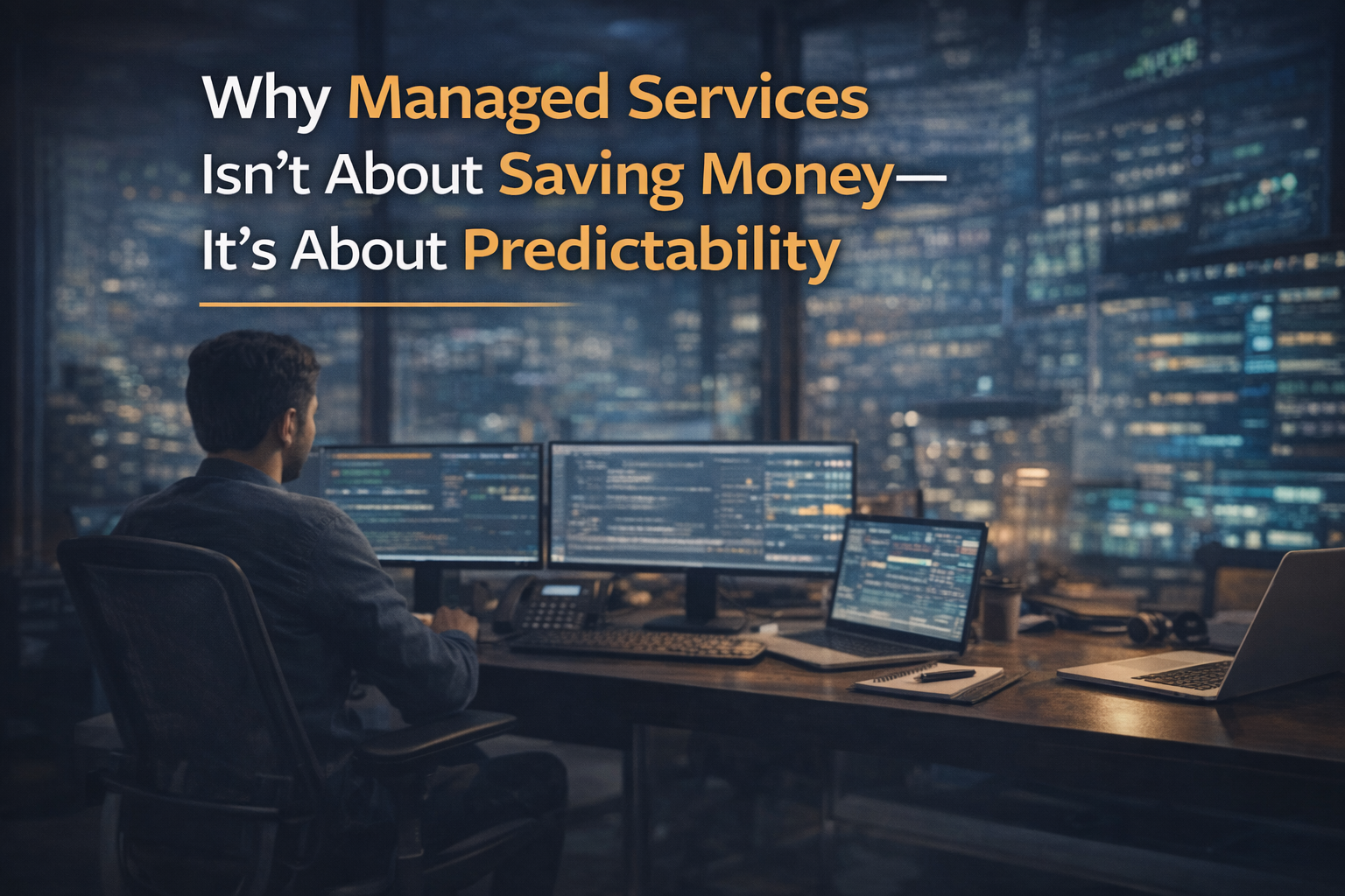 IT professional monitoring systems in a modern office, representing predictability and reliability in managed services