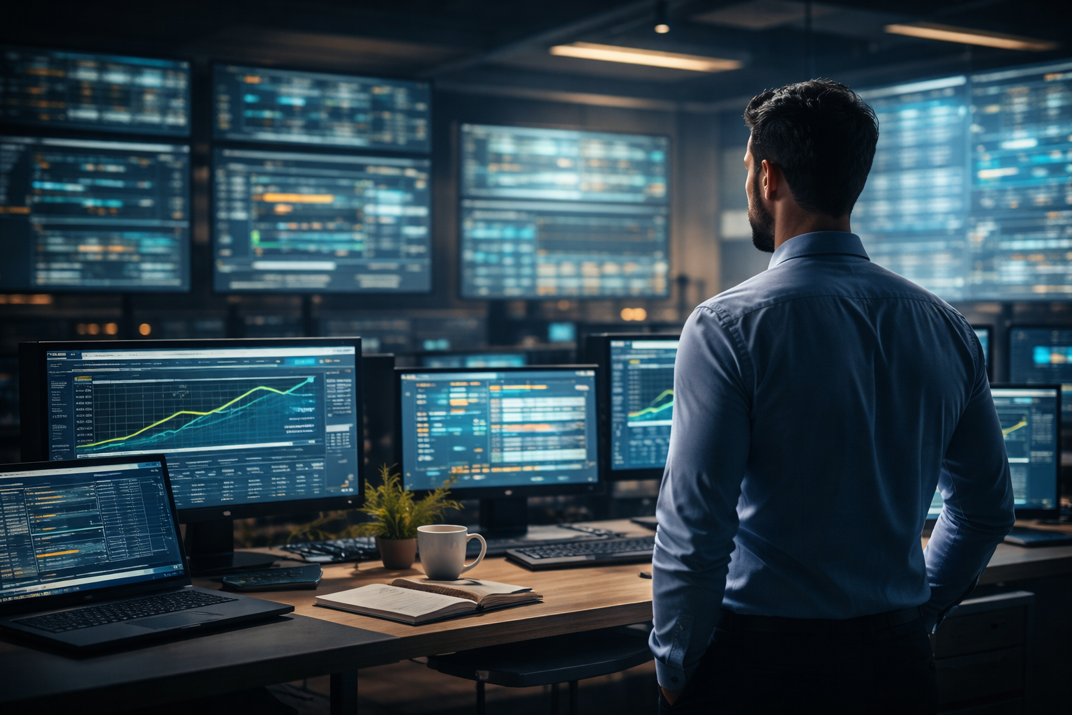 Professional operations center showing support engineers monitoring multiple systems to ensure uptime, illustrating proactive IT support and production reliability