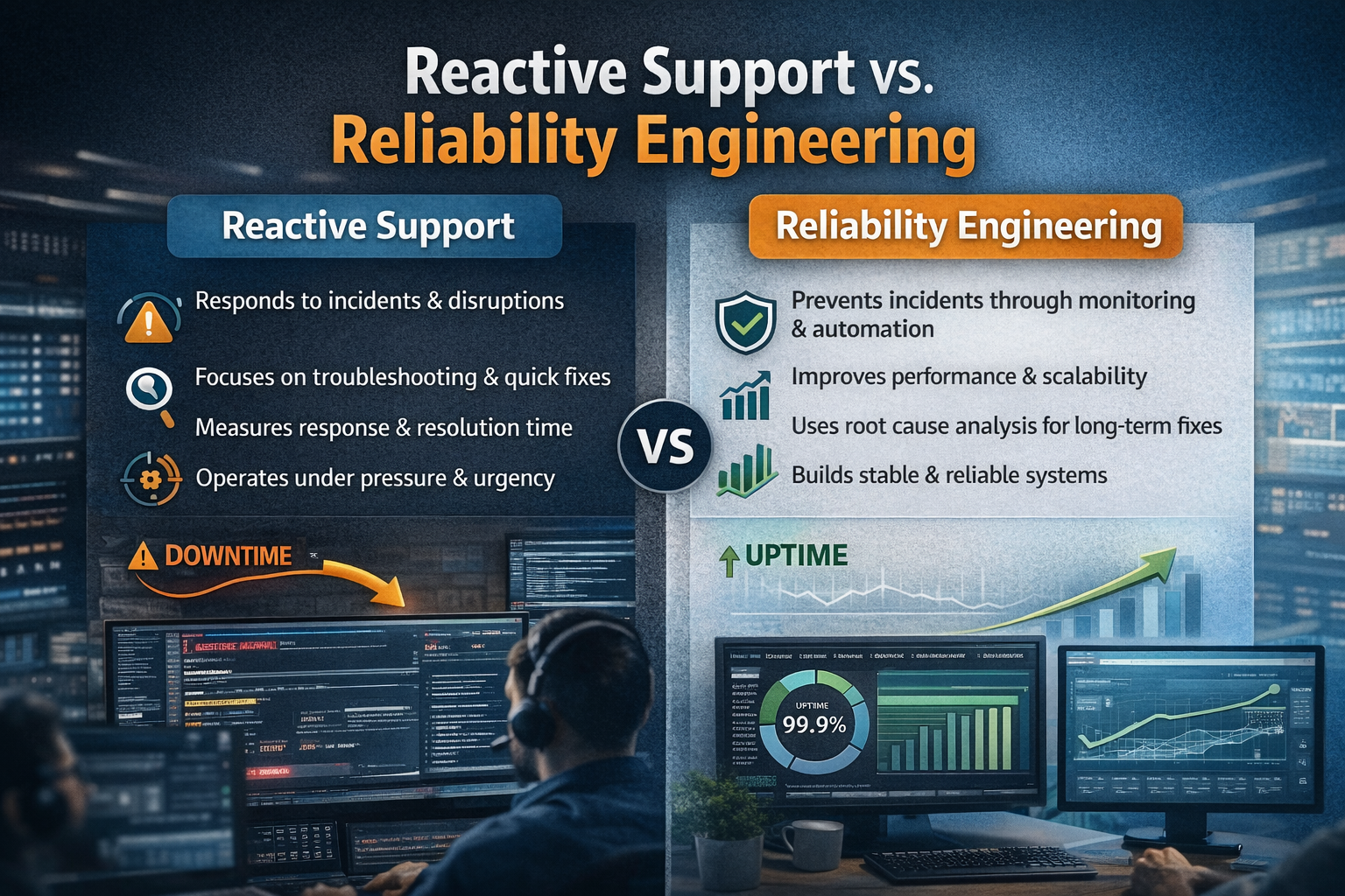 Split visual showing reactive IT support handling incidents versus reliability engineering teams proactively monitoring systems and preventing outages