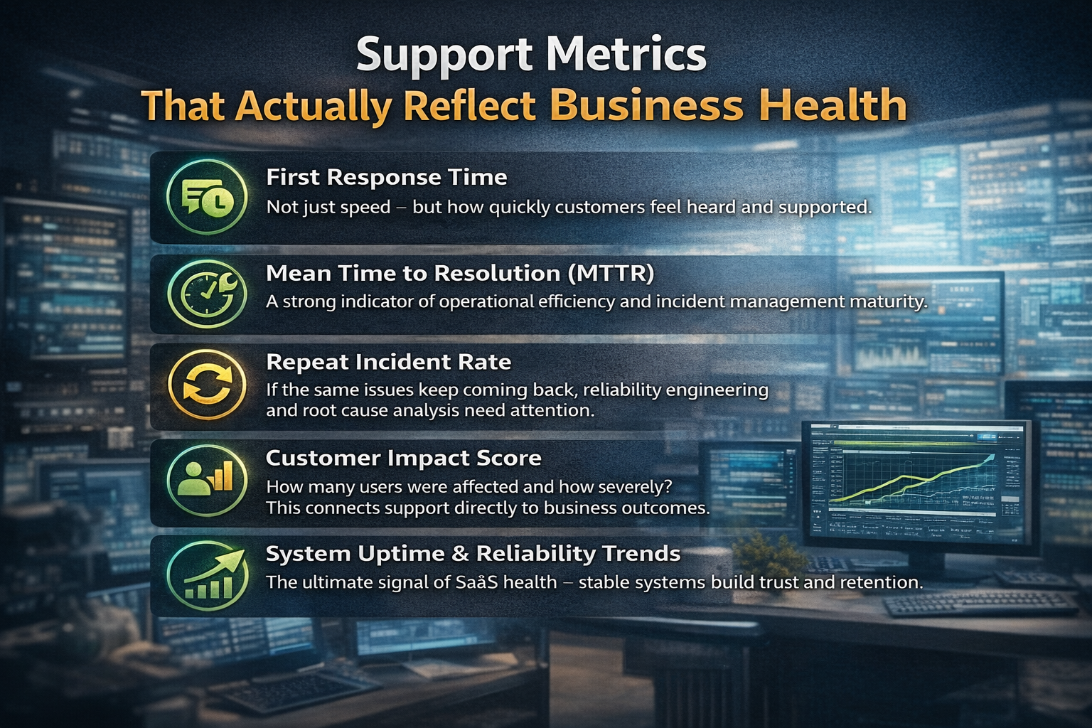 support metrics,business health metrics,customer support KPIs,managed services support,application support services,production support,IT operations metrics,SaaS support performance,incident management KPIs,service reliability metrics,customer experience metrics,DevOps support,technical support performance,operational efficiency metrics,proactive IT support
